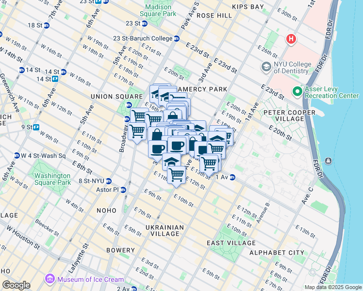 map of restaurants, bars, coffee shops, grocery stores, and more near 230 East 14th Street in New York
