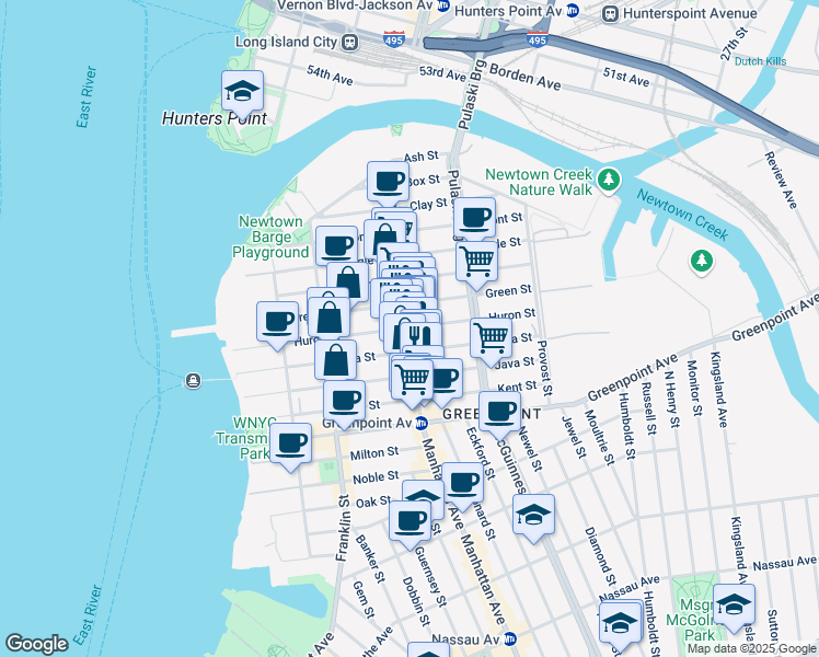 map of restaurants, bars, coffee shops, grocery stores, and more near Manhattan Avenue & Huron Street in Brooklyn