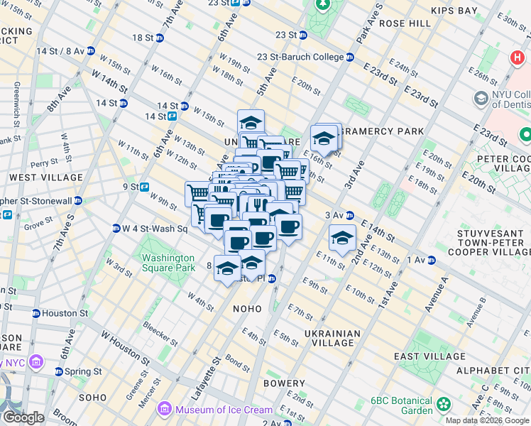 map of restaurants, bars, coffee shops, grocery stores, and more near 76 East 11th Street in New York