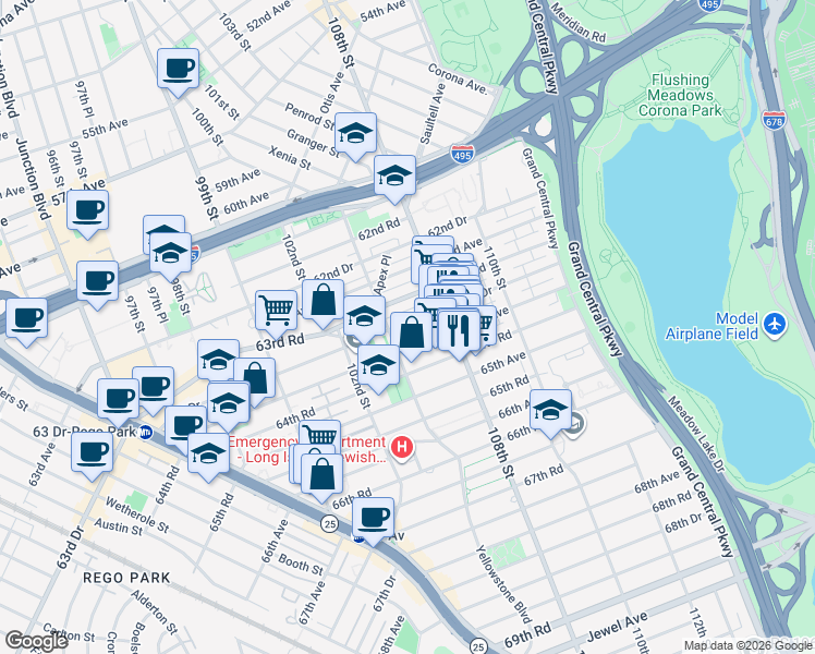 map of restaurants, bars, coffee shops, grocery stores, and more near 105-18 63rd Drive in Queens