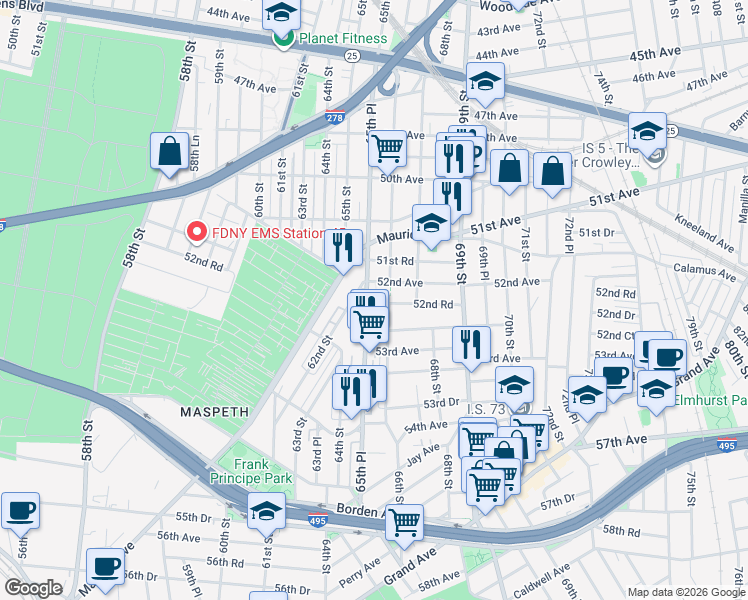 map of restaurants, bars, coffee shops, grocery stores, and more near 52-30 65th Place in Queens