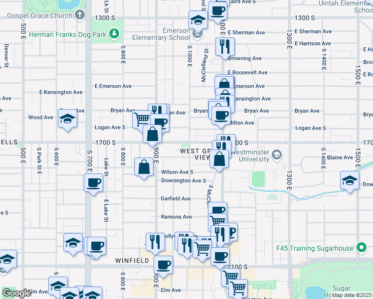 map of restaurants, bars, coffee shops, grocery stores, and more near 1718 South 1000 East in Salt Lake City