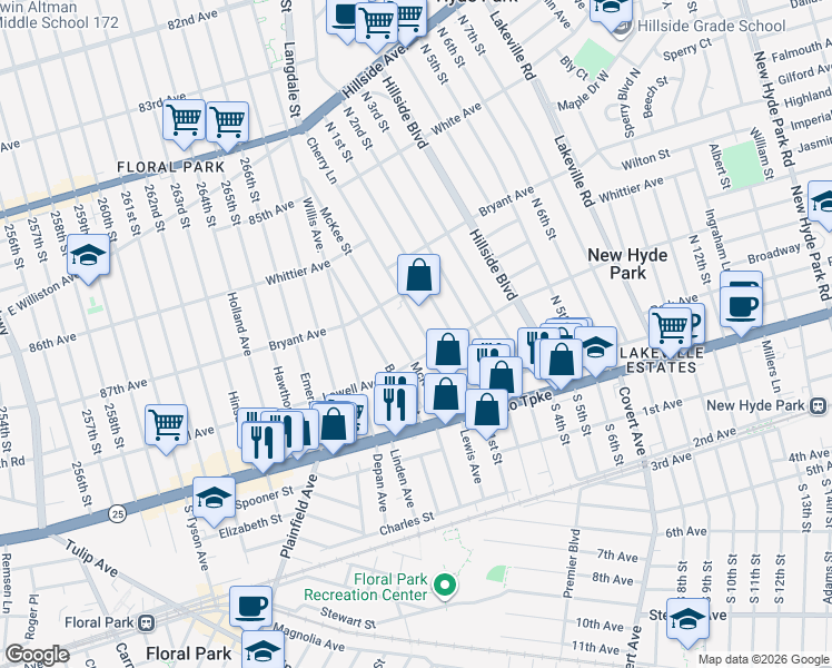 map of restaurants, bars, coffee shops, grocery stores, and more near 66 McKee Street in Floral Park