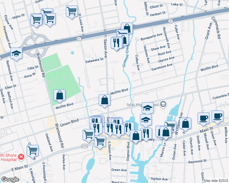 map of restaurants, bars, coffee shops, grocery stores, and more near 17 Buffalo Avenue in Islip