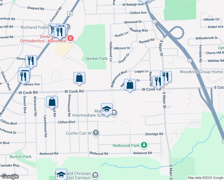 map of restaurants, bars, coffee shops, grocery stores, and more near 205 West Cook Road in Mansfield