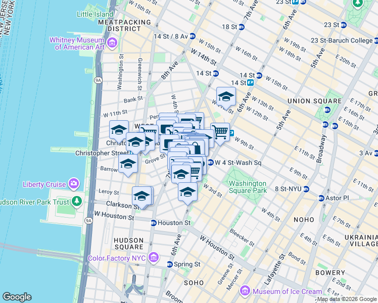 map of restaurants, bars, coffee shops, grocery stores, and more near Sheridan Square in New York