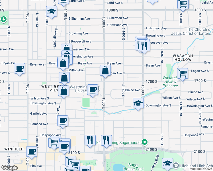 map of restaurants, bars, coffee shops, grocery stores, and more near 1711 South 1300 East in Salt Lake City