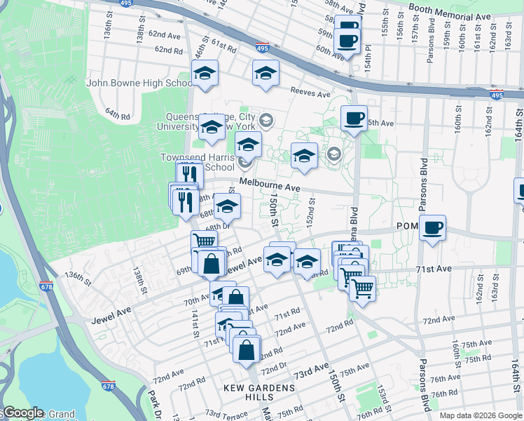 map of restaurants, bars, coffee shops, grocery stores, and more near 465 Driveway in Queens