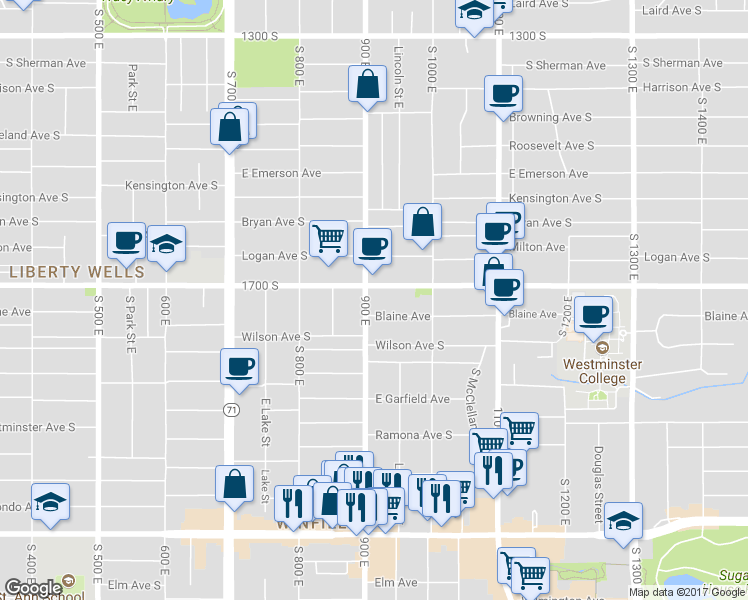 map of restaurants, bars, coffee shops, grocery stores, and more near 1715 S 900 E in Salt Lake City