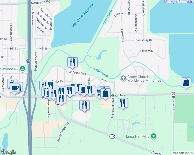 map of restaurants, bars, coffee shops, grocery stores, and more near 2801 Wells Drive in Lima