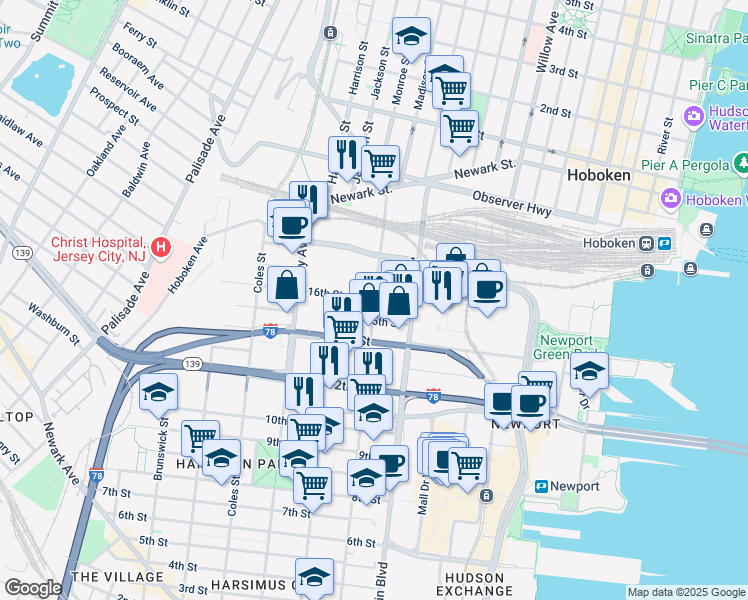 map of restaurants, bars, coffee shops, grocery stores, and more near Grove St & 16th Street in Jersey City