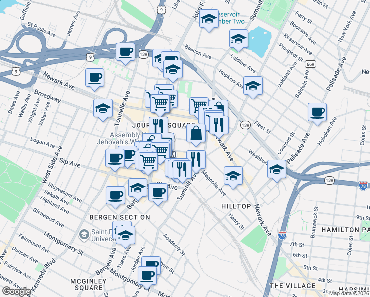 map of restaurants, bars, coffee shops, grocery stores, and more near 615 Pavonia Avenue in Jersey City