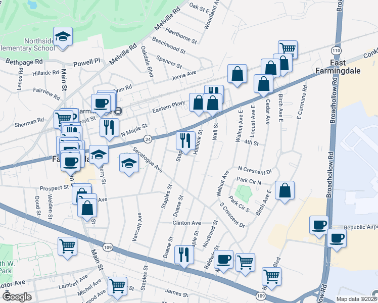 map of restaurants, bars, coffee shops, grocery stores, and more near 56 Hudson Street in Farmingdale