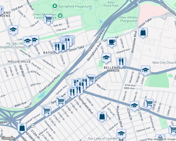 map of restaurants, bars, coffee shops, grocery stores, and more near 221-36 Manor Road in Queens