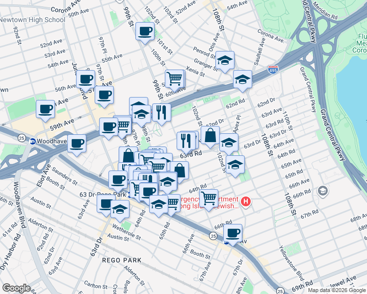 map of restaurants, bars, coffee shops, grocery stores, and more near 9900 63rd Road in Queens