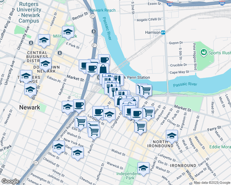 map of restaurants, bars, coffee shops, grocery stores, and more near 9 Union Street in Newark