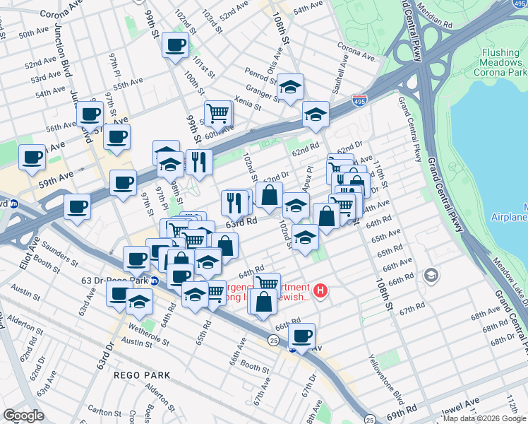 map of restaurants, bars, coffee shops, grocery stores, and more near 99-44 63rd Road in Queens