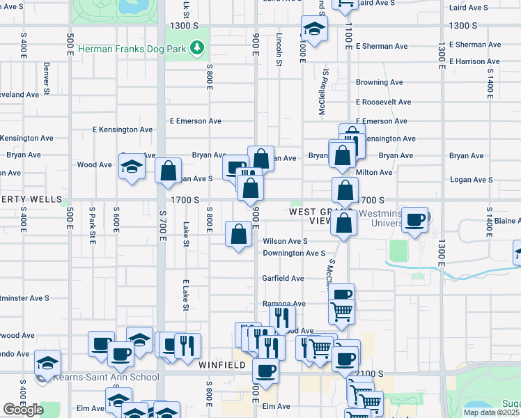 map of restaurants, bars, coffee shops, grocery stores, and more near 1715 S 900 E in Salt Lake City