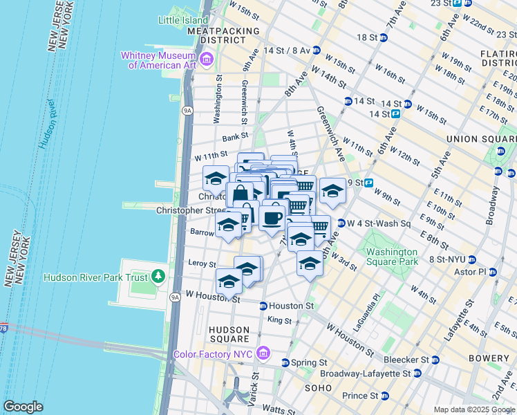 map of restaurants, bars, coffee shops, grocery stores, and more near 120 Christopher Street in New York