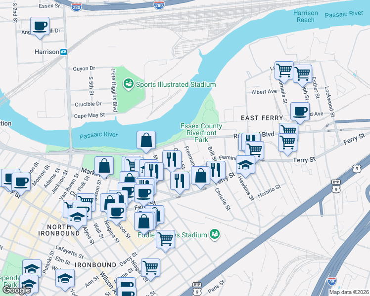 map of restaurants, bars, coffee shops, grocery stores, and more near 37 Freeman Street in Newark