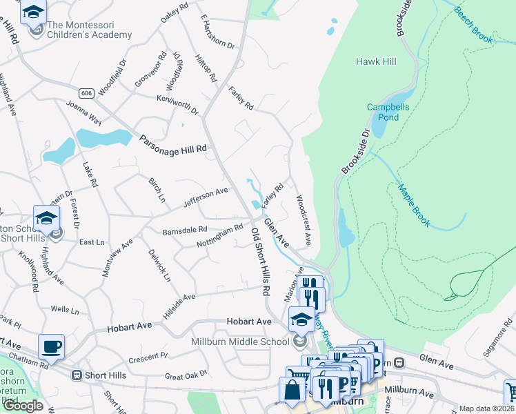 map of restaurants, bars, coffee shops, grocery stores, and more near 120 Old Short Hills Road in Millburn