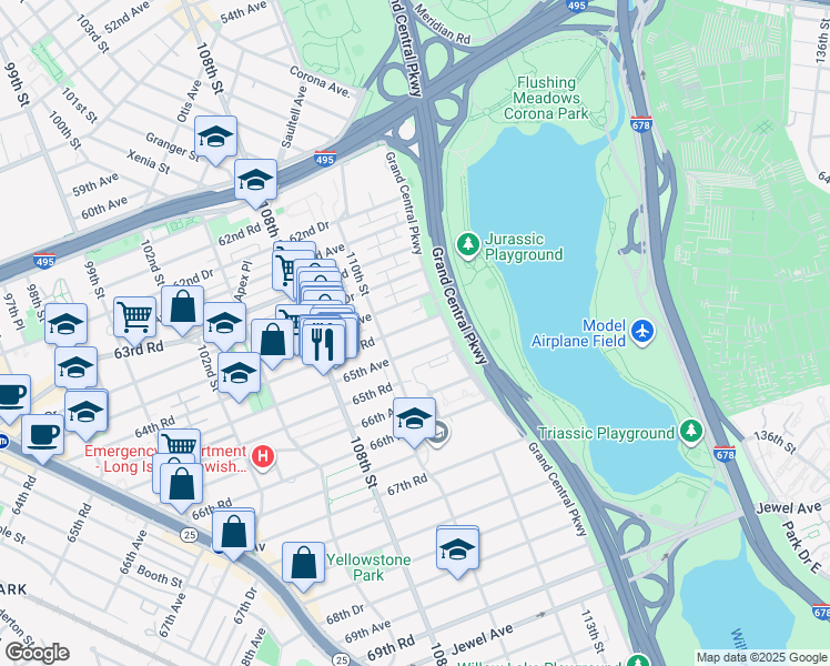 map of restaurants, bars, coffee shops, grocery stores, and more near 64-45 110th Street in Queens
