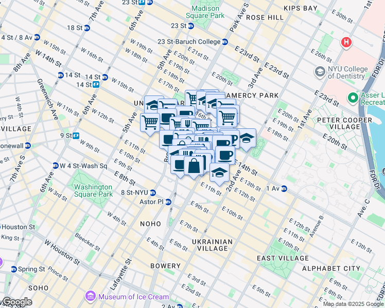 map of restaurants, bars, coffee shops, grocery stores, and more near 126-128 East 13th Street in New York