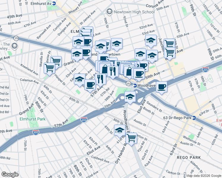 map of restaurants, bars, coffee shops, grocery stores, and more near 87-6 58th Avenue in Queens