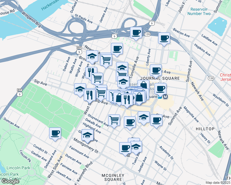map of restaurants, bars, coffee shops, grocery stores, and more near in Jersey City