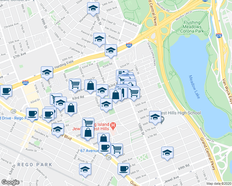 map of restaurants, bars, coffee shops, grocery stores, and more near 10525 64th Avenue in Queens