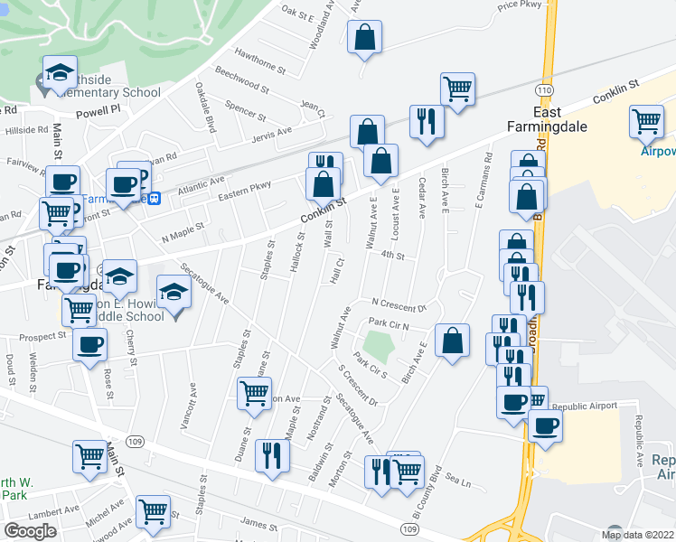 map of restaurants, bars, coffee shops, grocery stores, and more near 15 Hall Court in Farmingdale