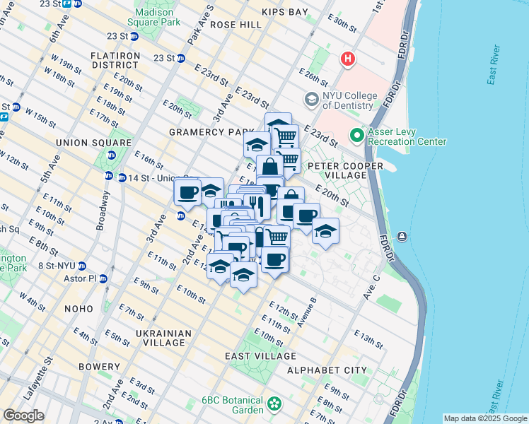map of restaurants, bars, coffee shops, grocery stores, and more near 300 1st Avenue in New York