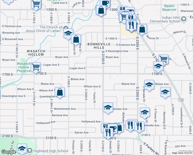 map of restaurants, bars, coffee shops, grocery stores, and more near 2029 Wilson Avenue South in Salt Lake City