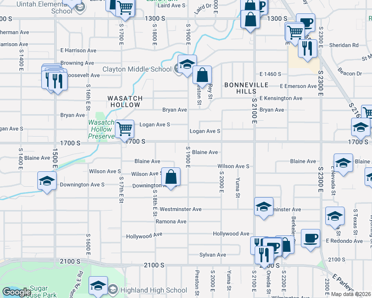 map of restaurants, bars, coffee shops, grocery stores, and more near 1744 South 19th East in Salt Lake City