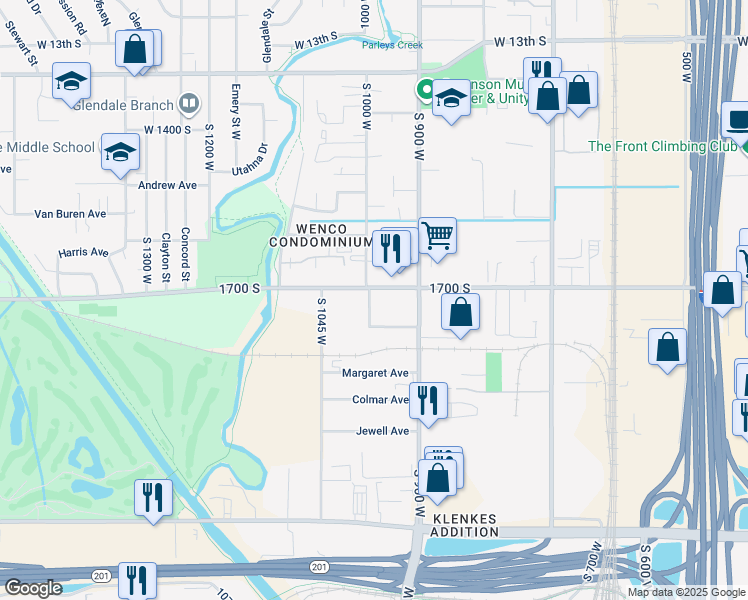 map of restaurants, bars, coffee shops, grocery stores, and more near 1740 Pearl Street in Salt Lake City