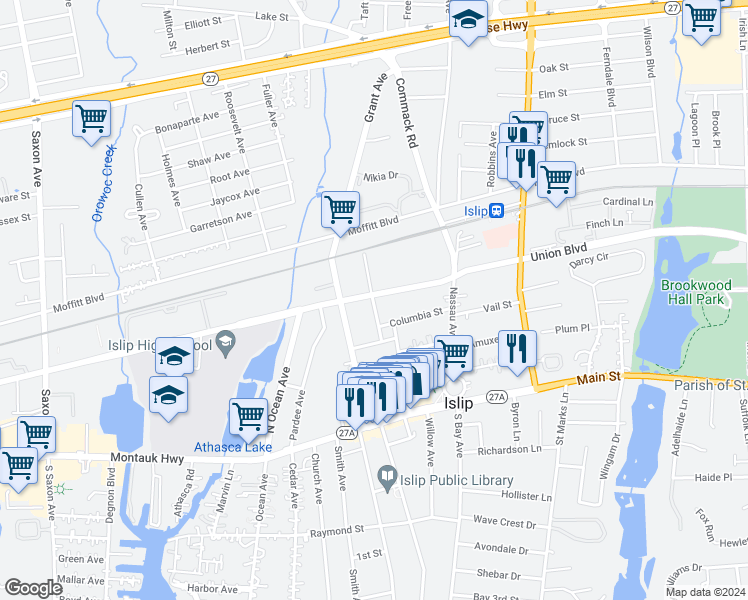 map of restaurants, bars, coffee shops, grocery stores, and more near 15 Columbia Street in Islip