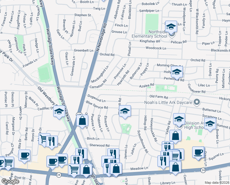 map of restaurants, bars, coffee shops, grocery stores, and more near 146 Wolcott Road in Levittown