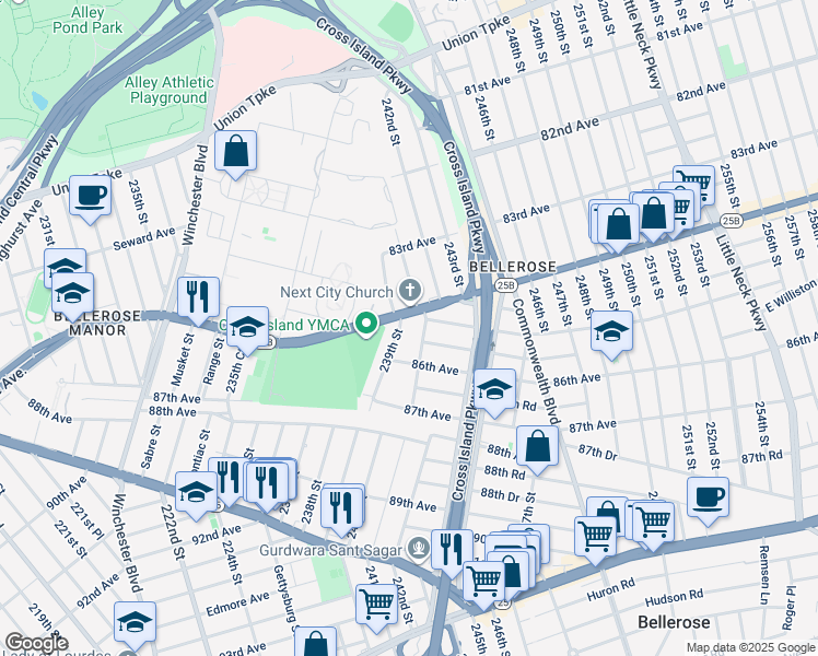map of restaurants, bars, coffee shops, grocery stores, and more near 85-34 239th Street in Queens