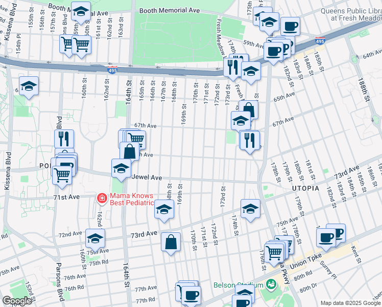 map of restaurants, bars, coffee shops, grocery stores, and more near 69-11 169th Street in Queens