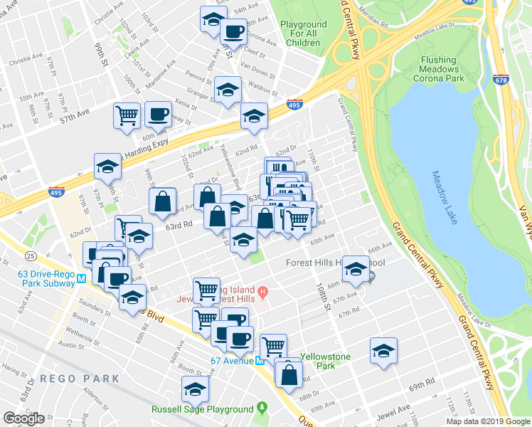 map of restaurants, bars, coffee shops, grocery stores, and more near 10525 64th Avenue in Queens