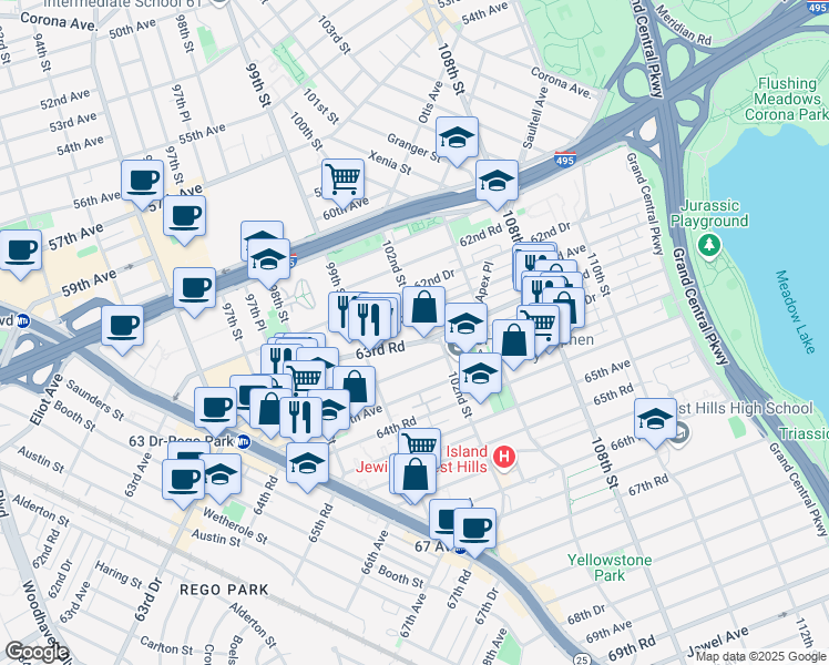 map of restaurants, bars, coffee shops, grocery stores, and more near 99-44 63rd Road in Queens
