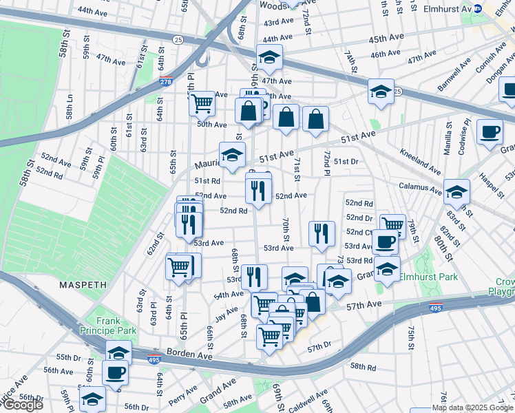 map of restaurants, bars, coffee shops, grocery stores, and more near 52-38 69th Street in Queens