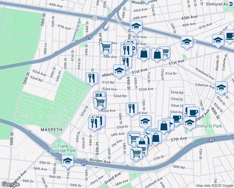 map of restaurants, bars, coffee shops, grocery stores, and more near 66-43 52nd Drive in Queens