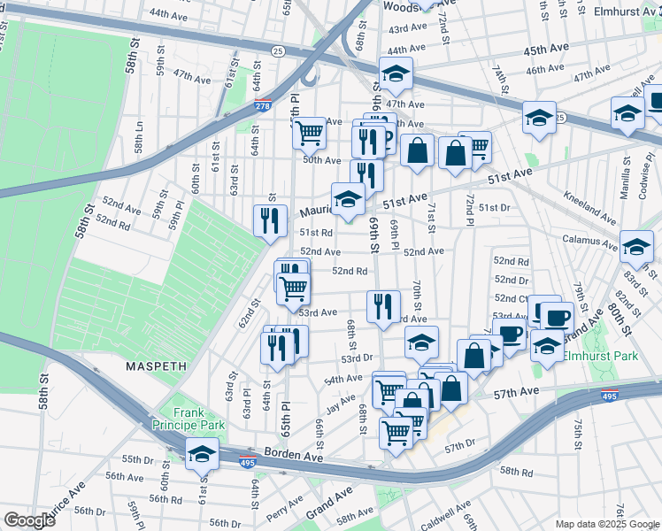 map of restaurants, bars, coffee shops, grocery stores, and more near 66-43 52nd Drive in Queens