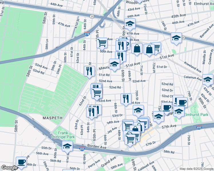 map of restaurants, bars, coffee shops, grocery stores, and more near 52-39 66th Street in Queens