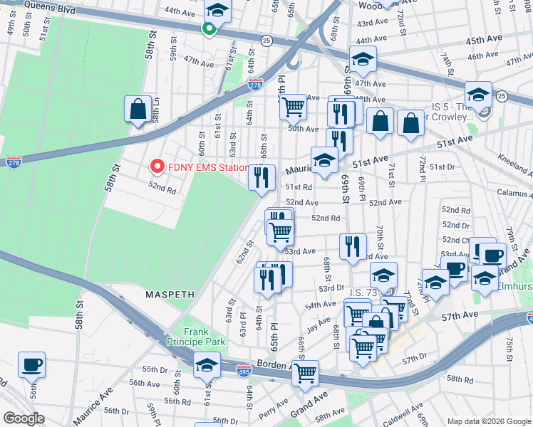 map of restaurants, bars, coffee shops, grocery stores, and more near 52-30 65th Place in Queens