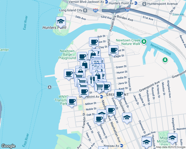 map of restaurants, bars, coffee shops, grocery stores, and more near 109 India Street in Brooklyn