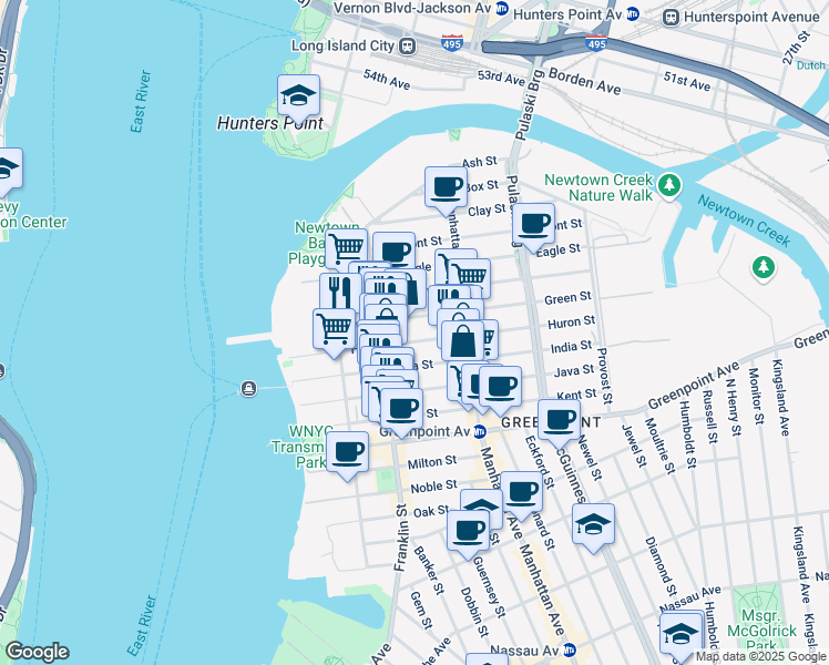 map of restaurants, bars, coffee shops, grocery stores, and more near 159 Franklin Street in Brooklyn