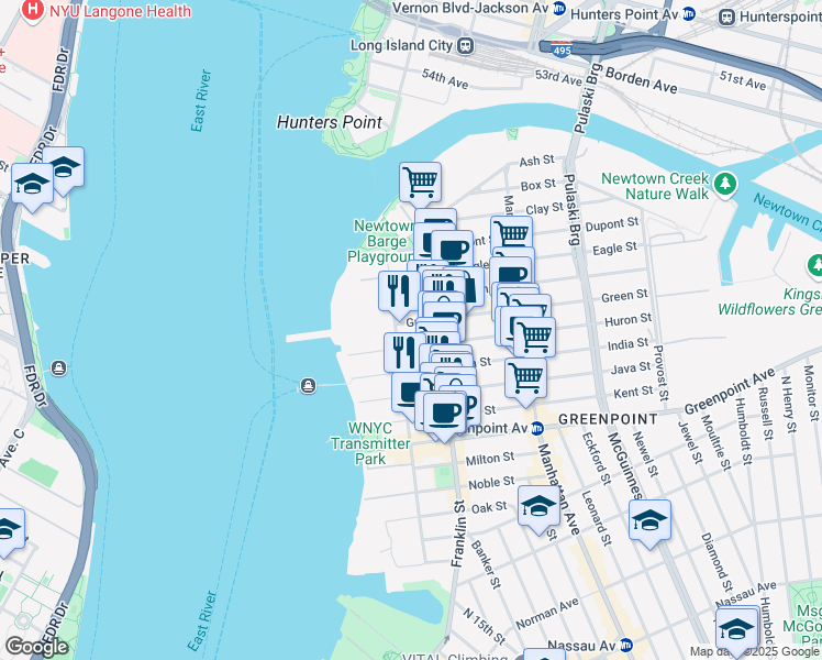 map of restaurants, bars, coffee shops, grocery stores, and more near 66 Huron Street in Brooklyn