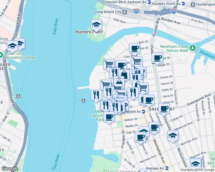 map of restaurants, bars, coffee shops, grocery stores, and more near 66 Huron Street in Brooklyn